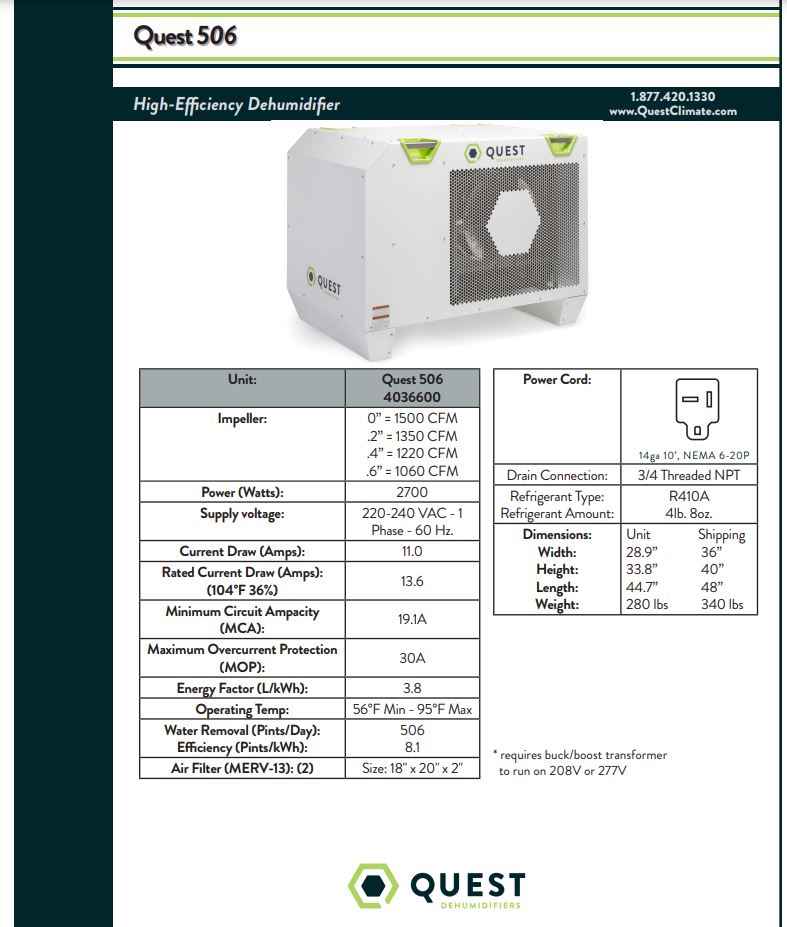 Quest 506 Commercial Dehumidifier - 500 Pint