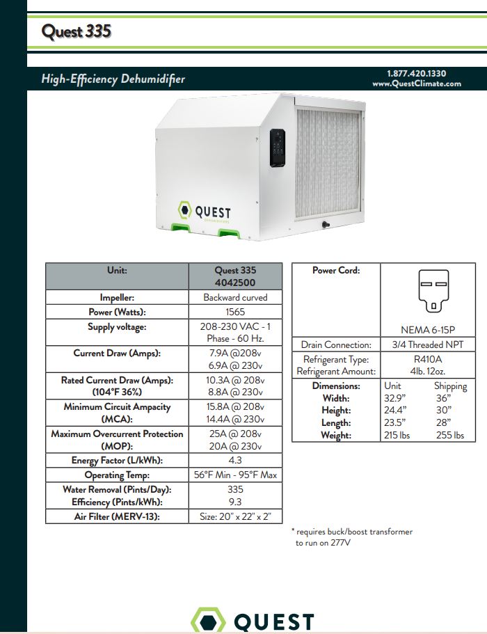 QUEST DEHUMIDIFIER 335 PINT PER DAY -208v-240v