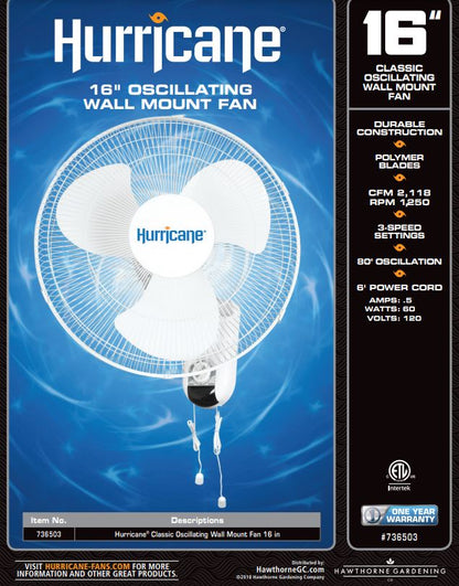 Hurricane Classic Oscillating Wall Mount Fan 16 in