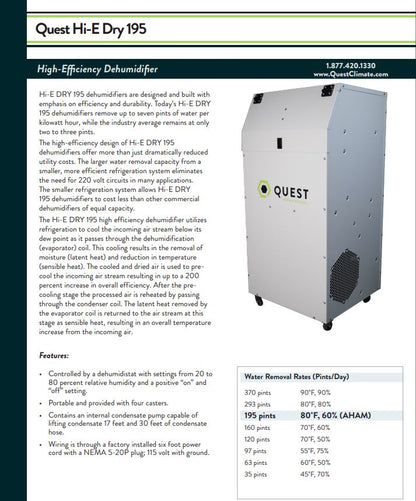 Quest HI-E DRY 195 Portable Series Dehumidifier - 120V - 195 Pints/Day - MERV 11 Filtration