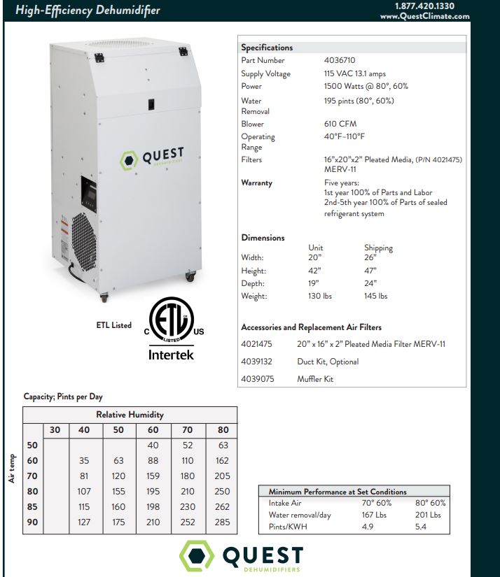 Quest HI-E DRY 195 Portable Series Dehumidifier - 120V - 195 Pints/Day - MERV 11 Filtration