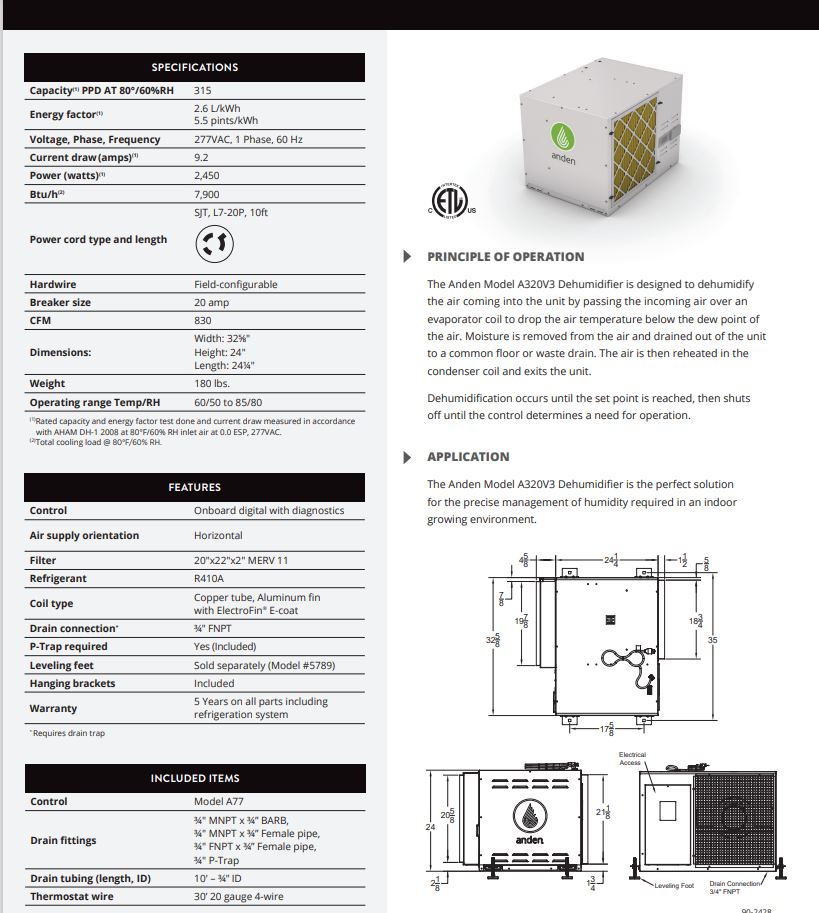 Anden Grow-Optimized Industrial Dehumidifier, 320 Pints/Day 277v